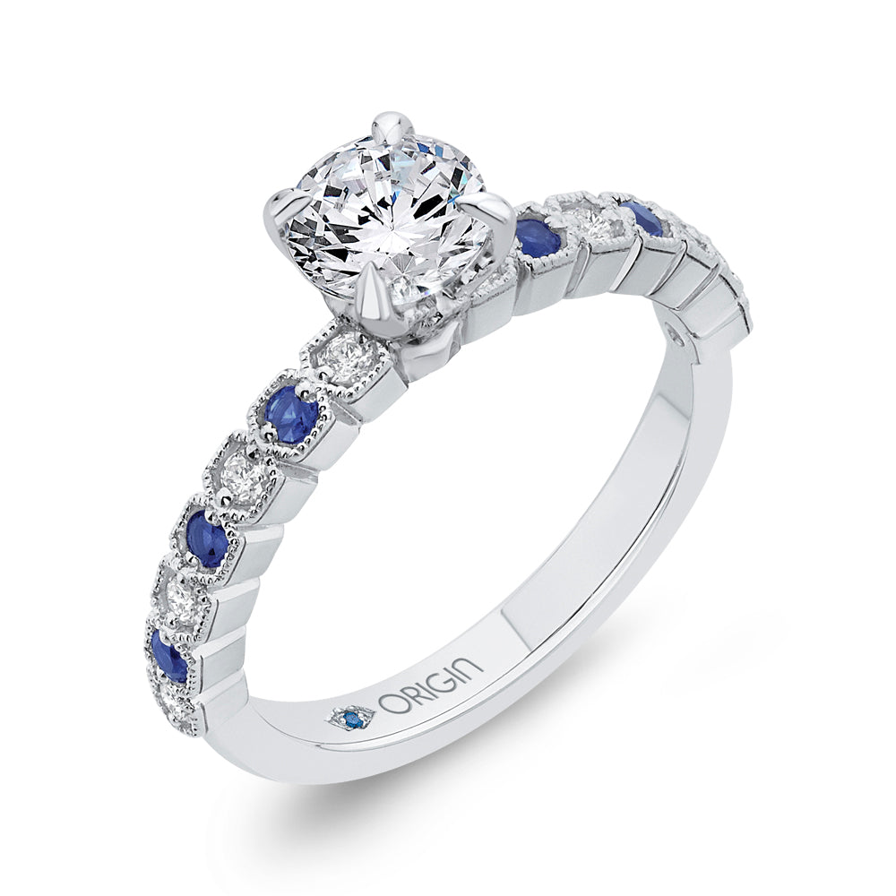 14K White Gold Round Diamond Engagement Ring with Blue Sapphire