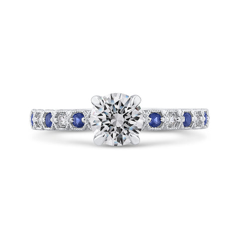 14K White Gold Round Diamond Engagement Ring with Blue Sapphire