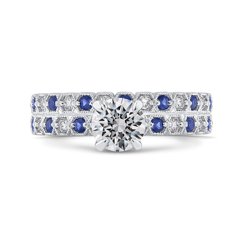 14K White Gold Round Diamond Engagement Ring with Blue Sapphire