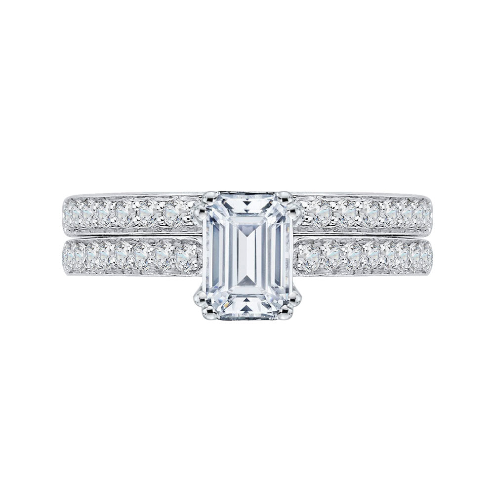 14K White Gold Emerald Cut Diamond Cathedral Style Engagement Ring