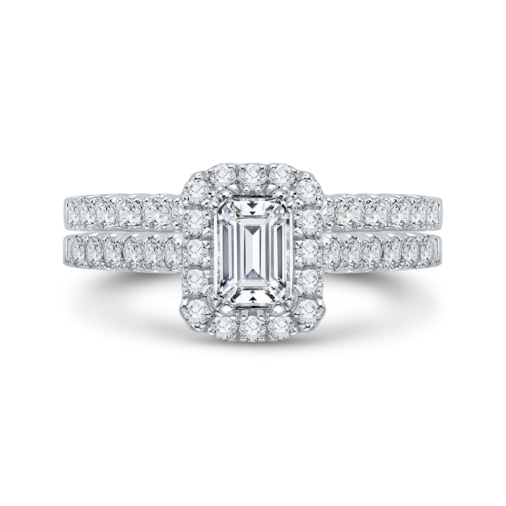 14K White Gold Emerald Diamond Halo Engagement Ring