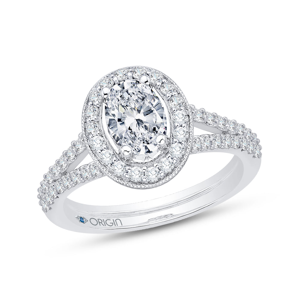 Oval Diamond Halo Engagement Ring In 14K White Gold with Split Shank