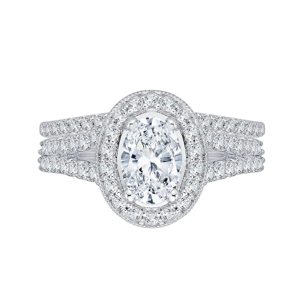 Oval Diamond Halo Engagement Ring In 14K White Gold with Split Shank