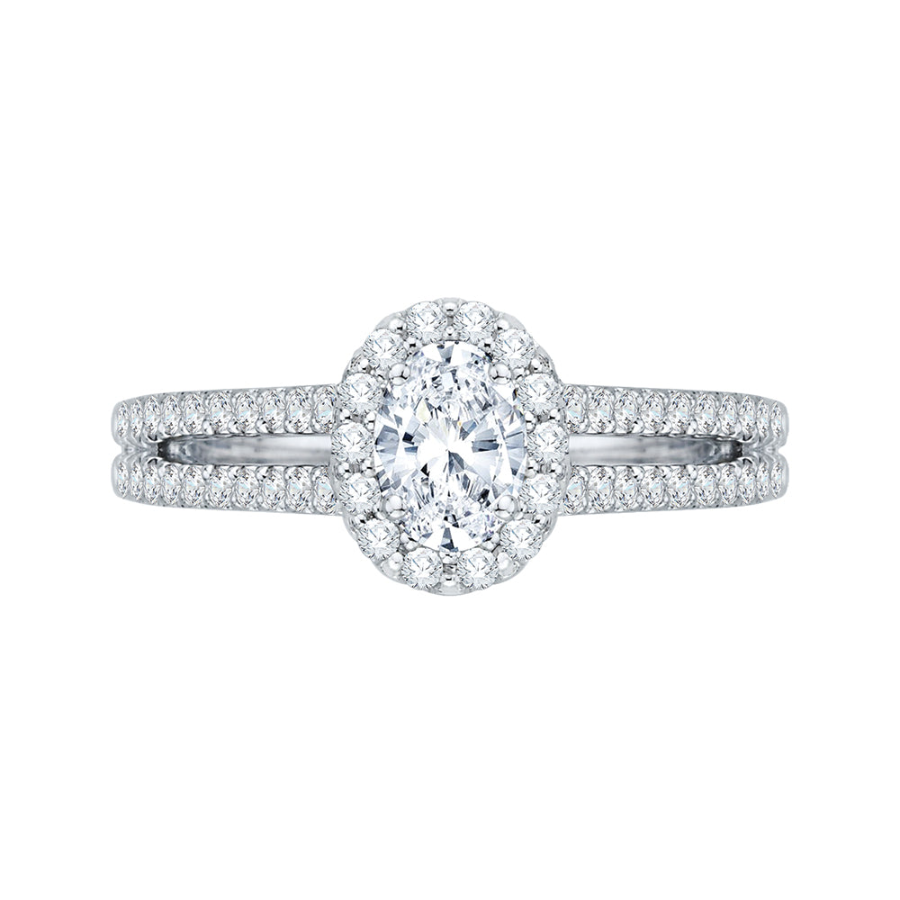 14K White Gold Oval Diamond Halo Engagement Ring with Split Shank
