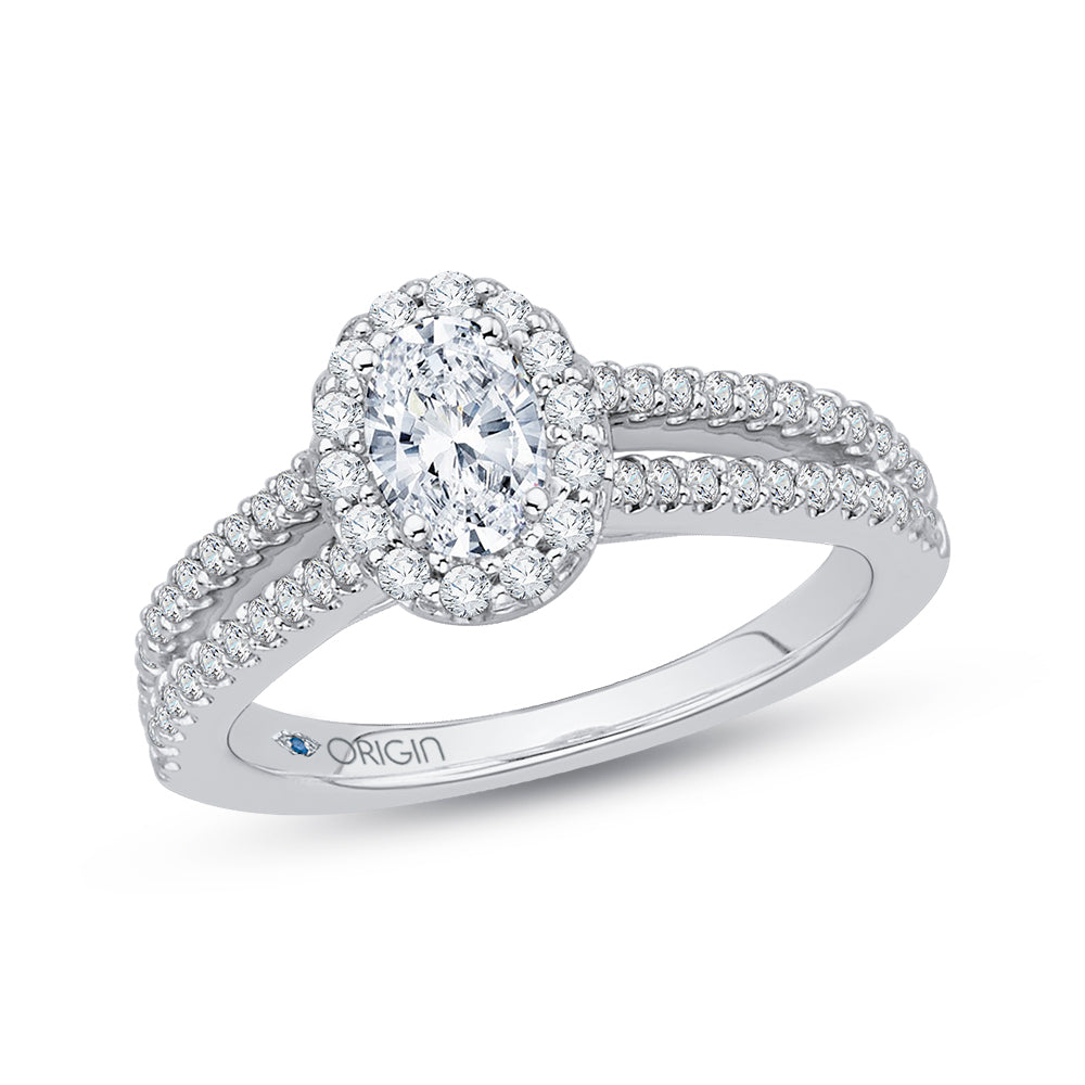 14K White Gold Oval Diamond Halo Engagement Ring with Split Shank