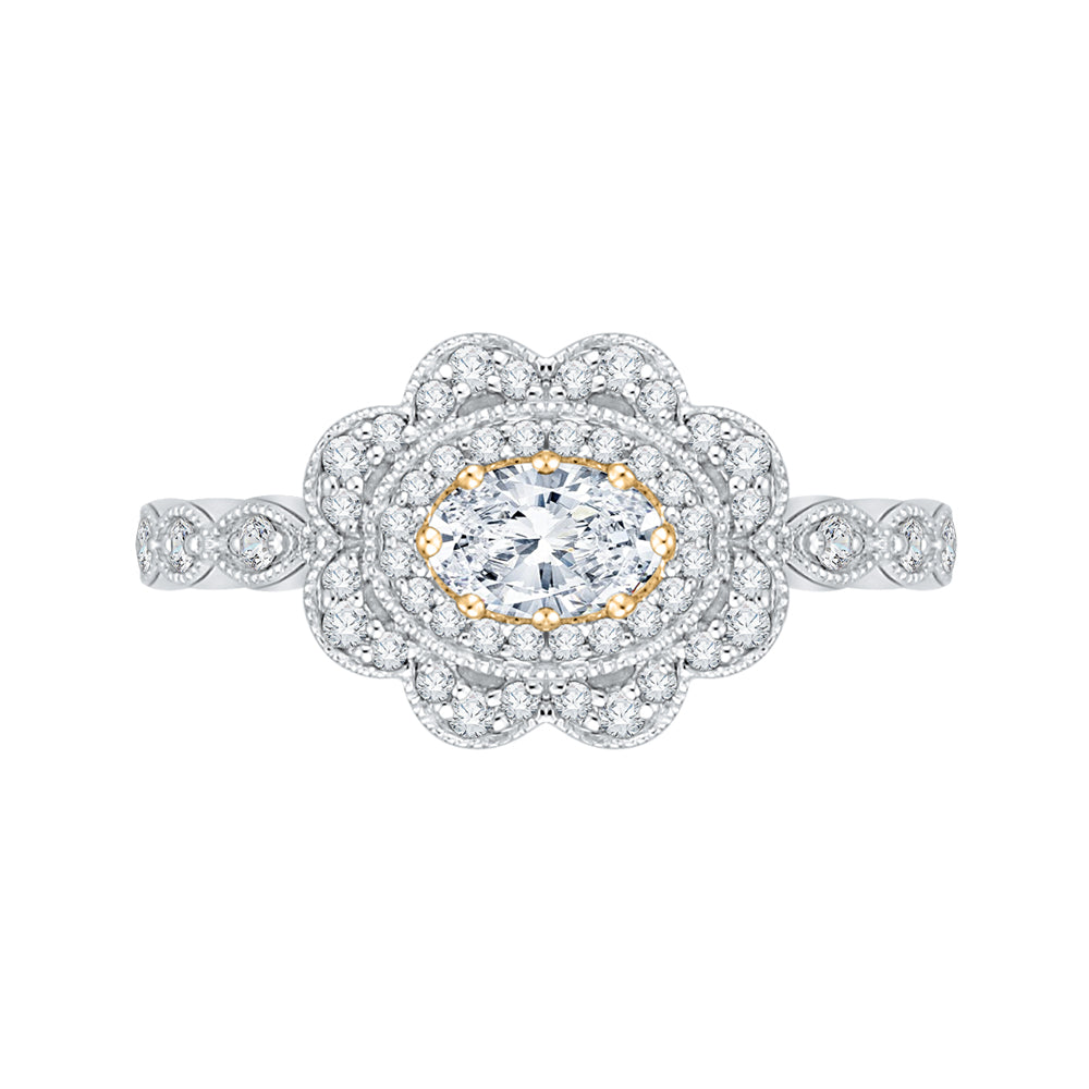 Oval Diamond Floral Halo Engagement Ring In 14K Two-Tone Gold