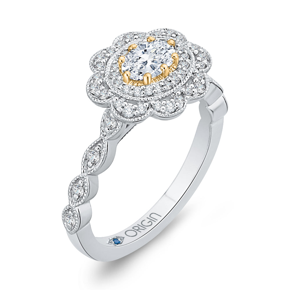 Oval Diamond Floral Halo Engagement Ring In 14K Two-Tone Gold