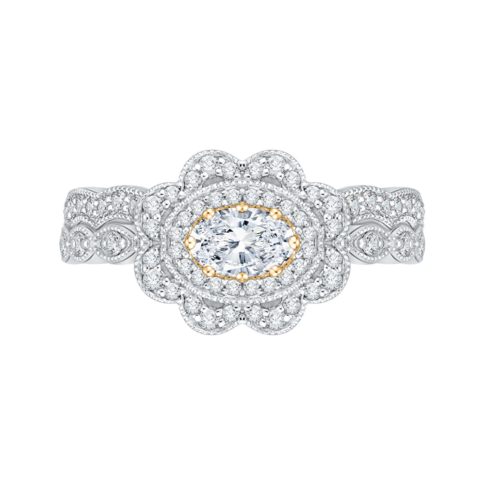 Oval Diamond Floral Halo Engagement Ring In 14K Two-Tone Gold