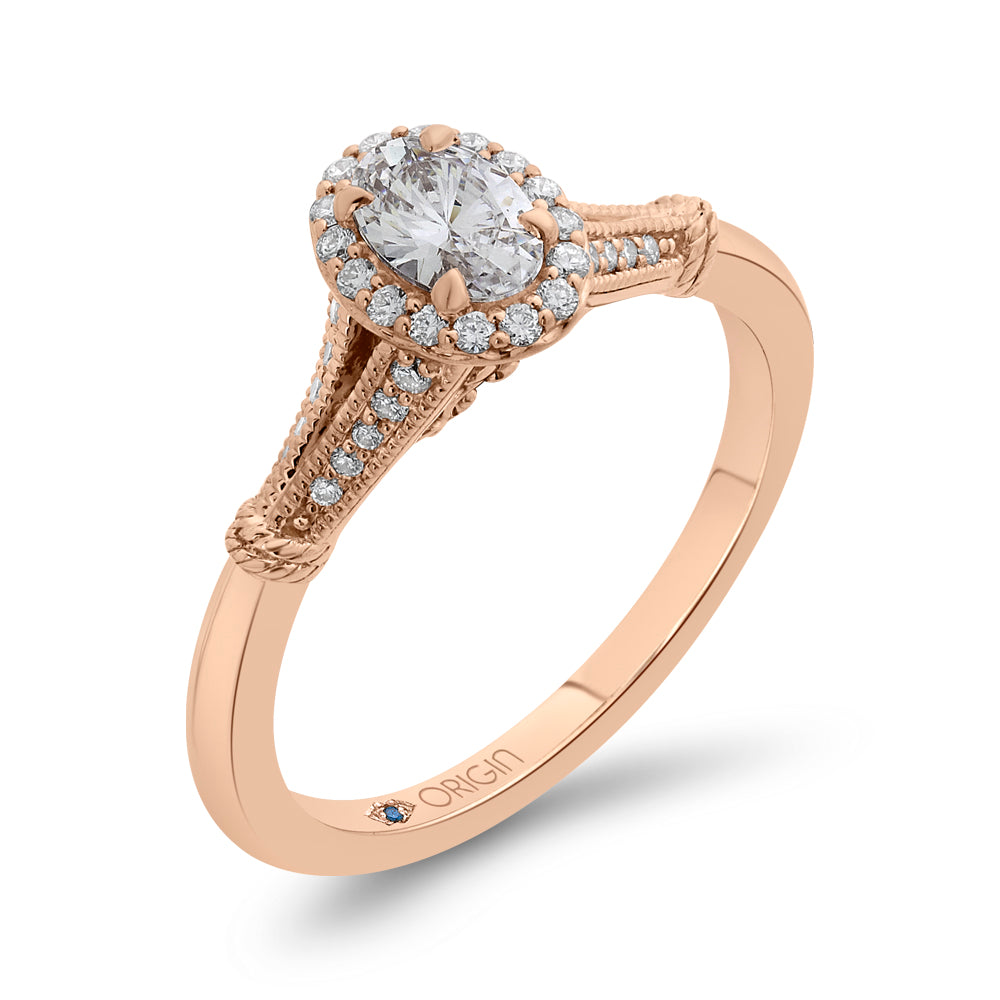 14K Rose Gold Oval Diamond Halo Cathedral Style Engagement Ring with Split Shank