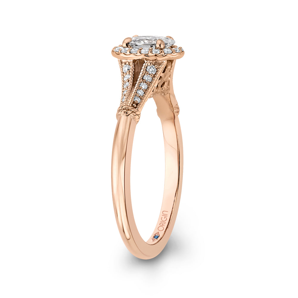 14K Rose Gold Oval Diamond Halo Cathedral Style Engagement Ring with Split Shank