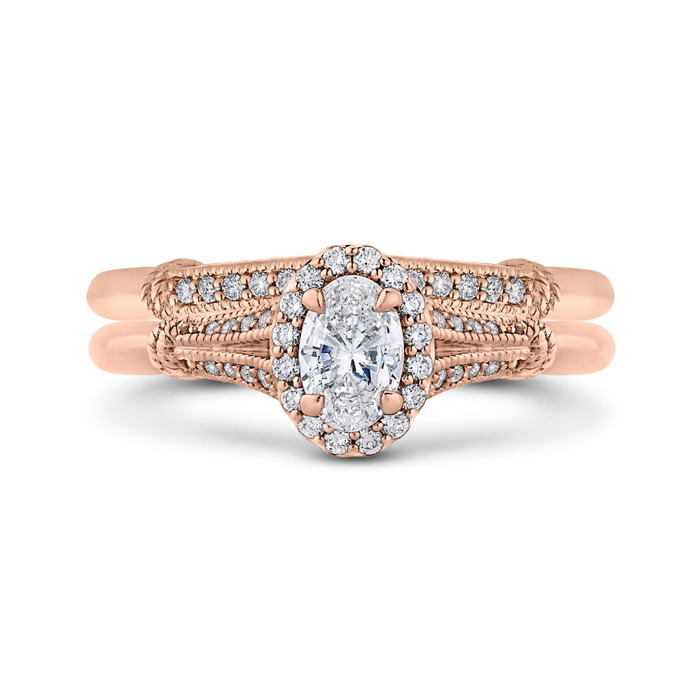 14K Rose Gold Oval Diamond Halo Cathedral Style Engagement Ring with Split Shank