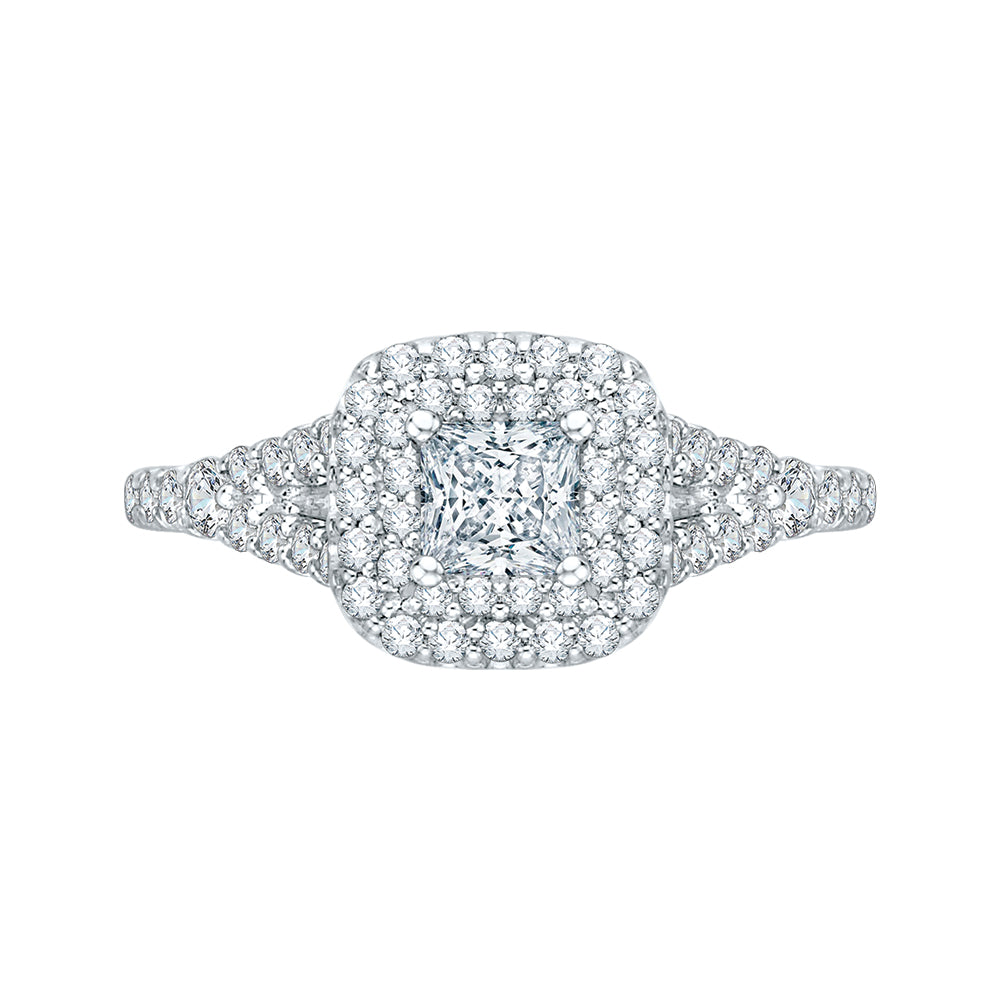 14K White Gold Princess Diamond Double Halo Engagement Ring with Split Shank