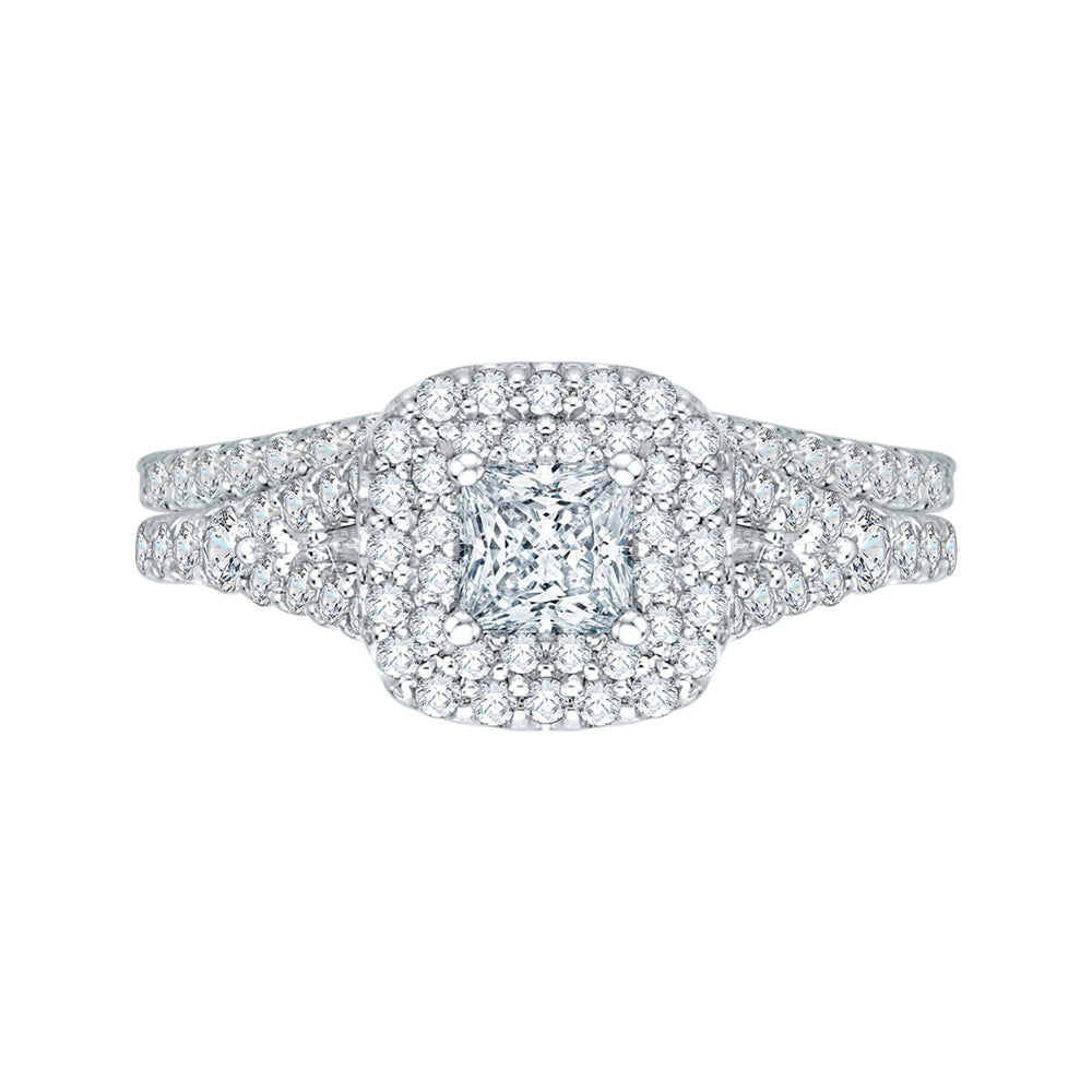 14K White Gold Princess Diamond Double Halo Engagement Ring with Split Shank
