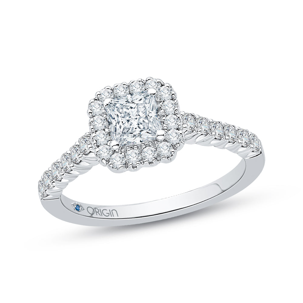 14K White Gold Princess Cut Diamond Halo Engagement Ring