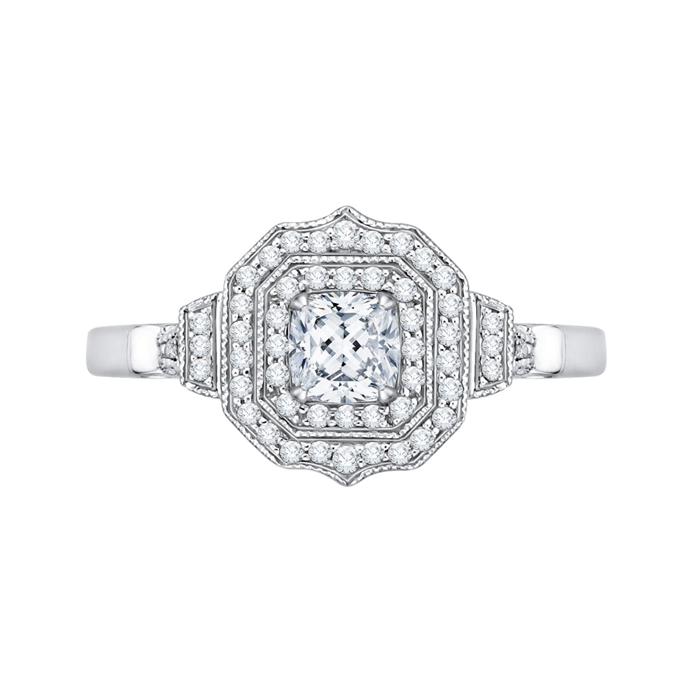 14K White Gold Cushion Cut Diamond Double Halo Vintage Engagement Ring