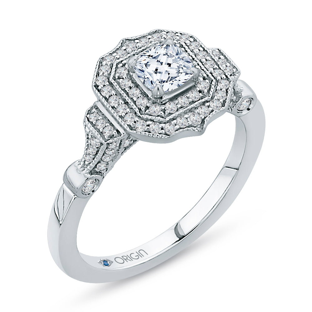 14K White Gold Cushion Cut Diamond Double Halo Vintage Engagement Ring