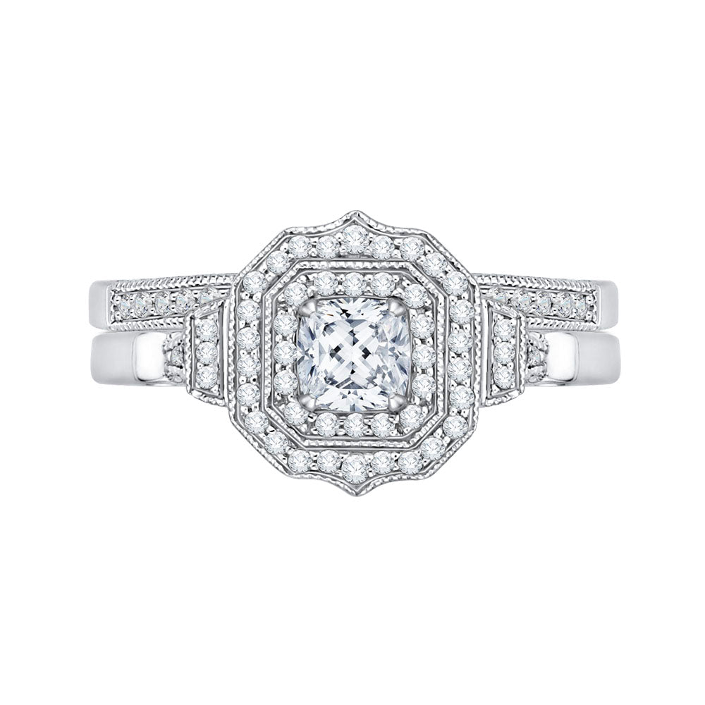 14K White Gold Cushion Cut Diamond Double Halo Vintage Engagement Ring