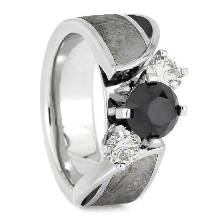 Black Diamond Ring Set, White Gold Wedding Rings with Meteorite