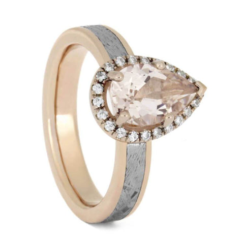 14K Rose Gold Morganite and Moissanite Halo Engagement Ring with Meteorite Inlay