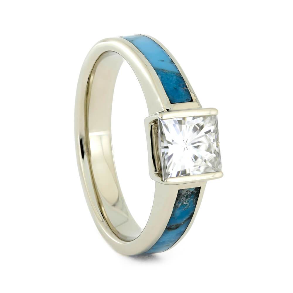 14K White Gold Moissanite and Turquoise Engagement Ring