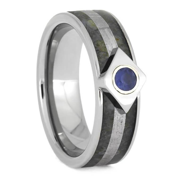 Titanium Sapphire Engagement Ring with Meteorite and Dinosaur Bone Inlays