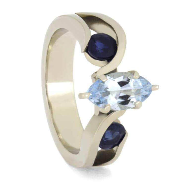 14K White Gold Aquamarine and Sapphire Engagement Ring with Meteorite