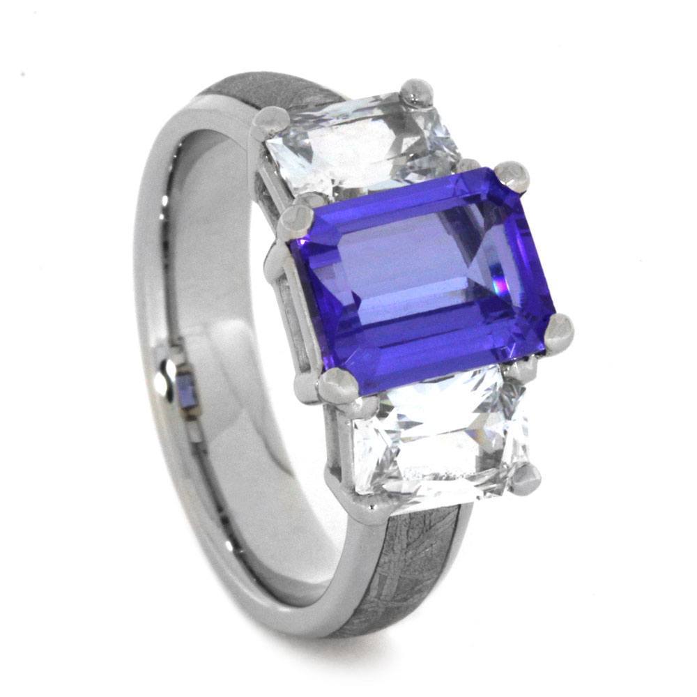 14K White Gold Tanzanite and Sapphire Engagement Ring with Meteorite