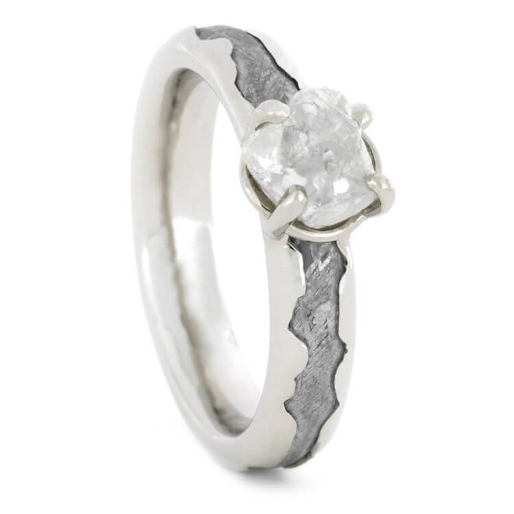 14K White Gold Rough Diamond and Meteorite Engagement Ring