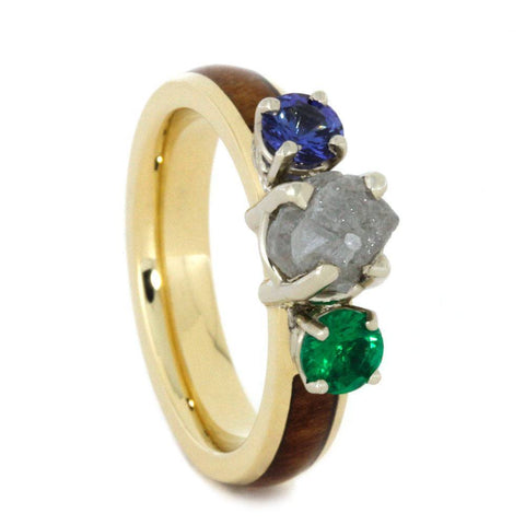 14K Yellow Gold Rough Diamond Hardwood Ring with Sapphire and Emerald