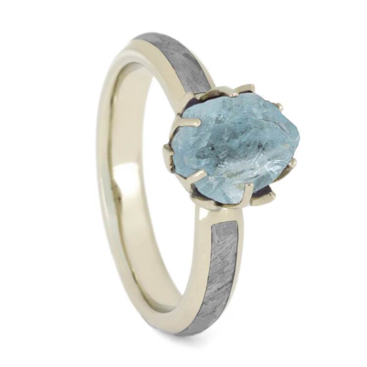 14K White Gold Rough Aquamarine and Meteorite Engagement Ring