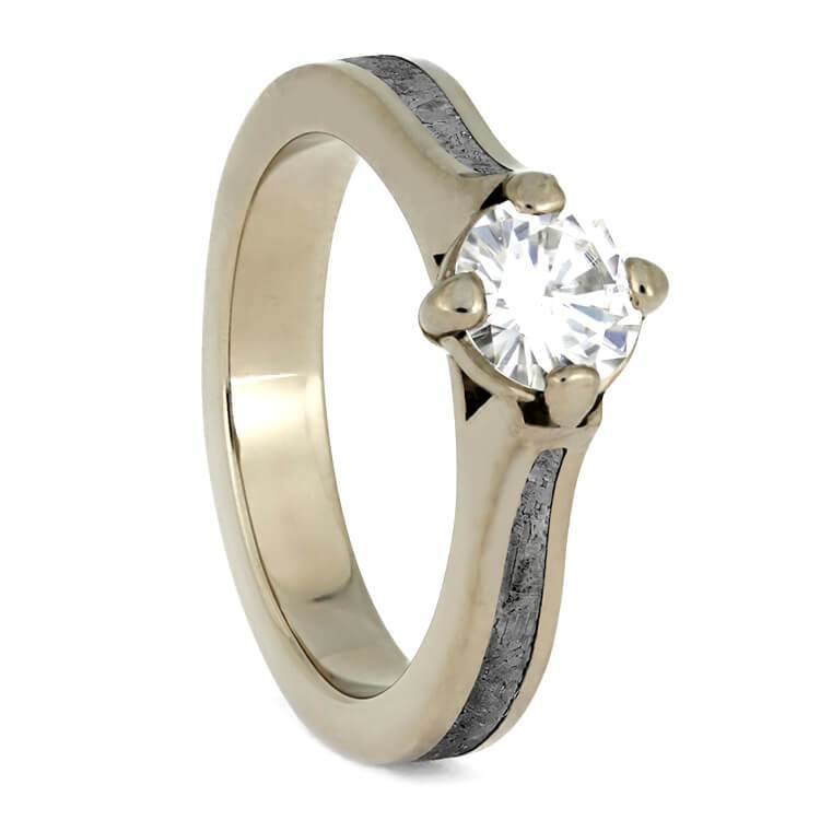 14K White Gold Meteorite and Moissanite Solitaire Ring