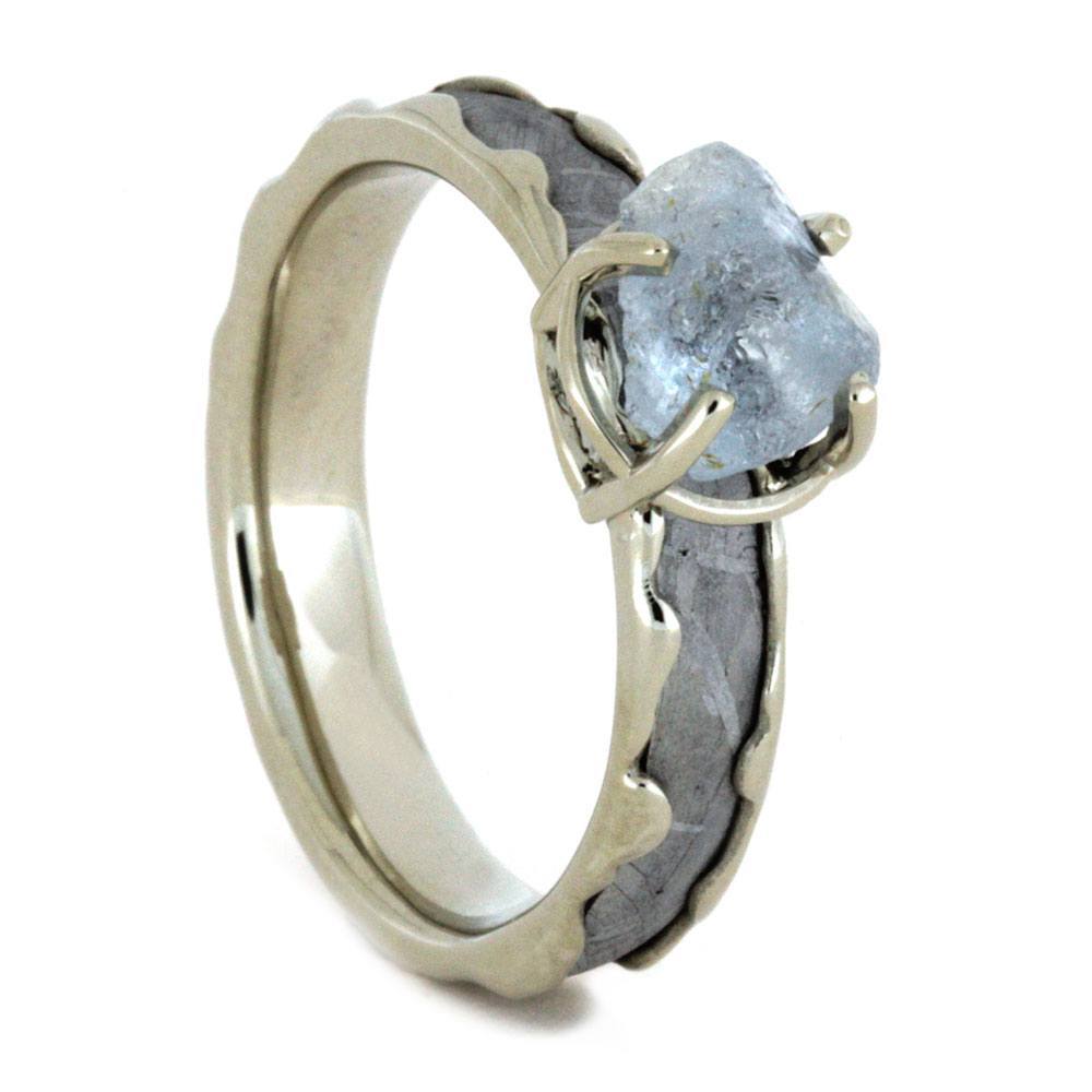 14K White Gold Rough Aquamarine and Meteorite Engagement Ring