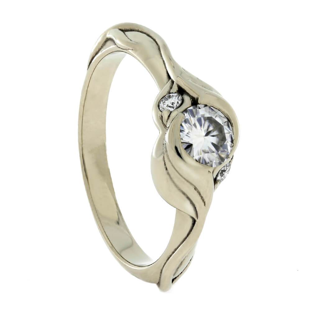 14K White Gold Leaf Pattern Moissanite and Diamond Engagement Ring