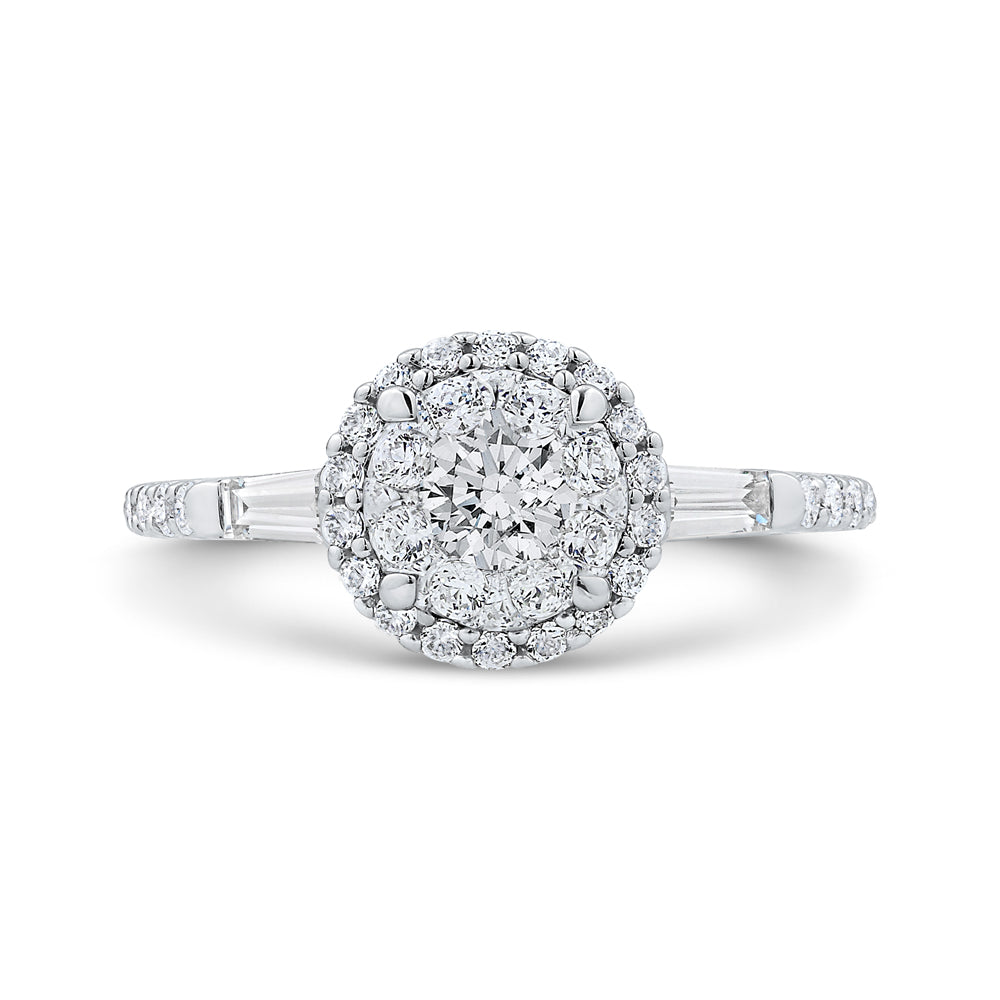 14K White Gold Round & Baguette Diamond Halo Engagement Ring