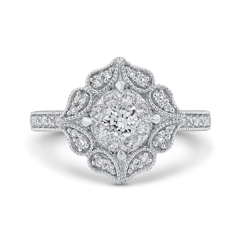 14K White Gold Round Cut Diamond Flower Shape Engagement Ring