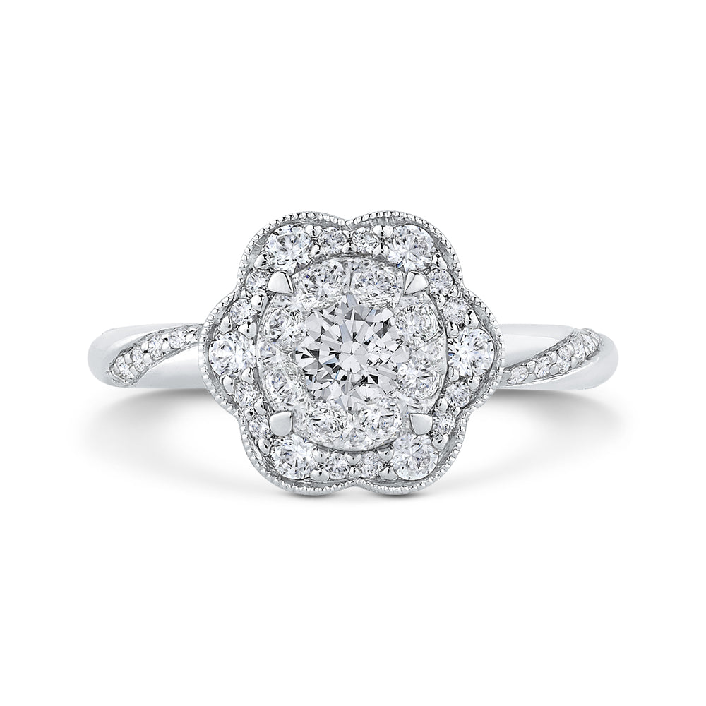Round Diamond Flower Style Engagement Ring In 14K White Gold