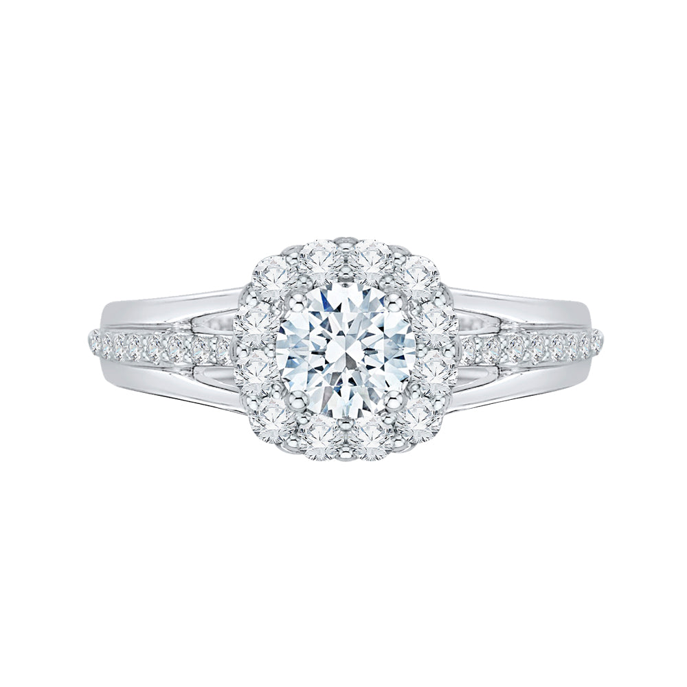 14K White Gold Round Diamond Halo Engagement Ring Set with Split Shank