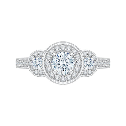 Round Cut Diamond Three-Stone Halo Engagement Ring In 14K White Gold