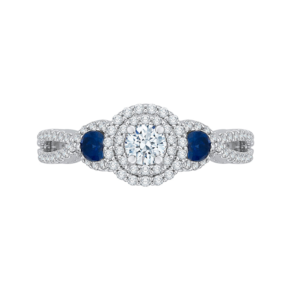 14K White Gold Round Cut Diamond And Sapphire Three-Stone Halo Engagement Ring