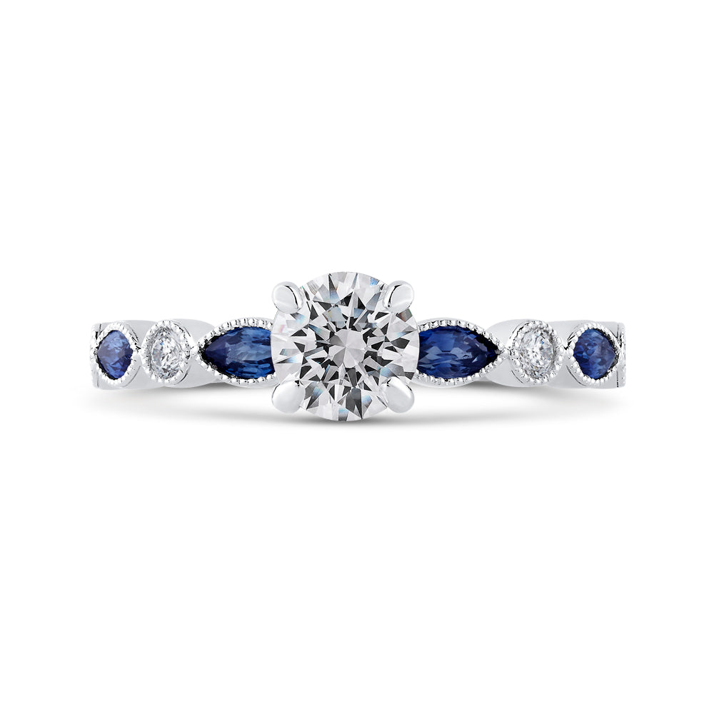 14K White Gold Round Diamond Engagement Ring with Pear Sapphire