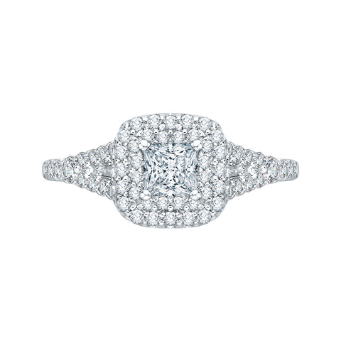 14K White Gold Princess Diamond Double Halo Engagement Ring with Split Shank