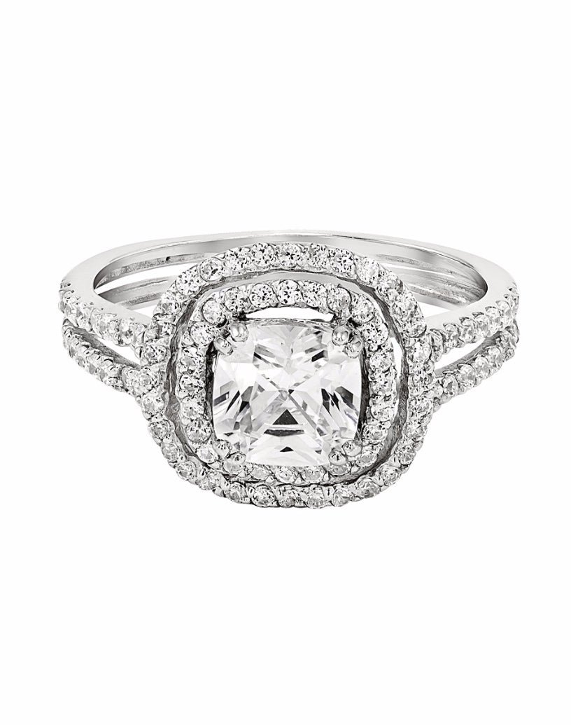 14K White Gold and Double Halo Diamond Split Shank Engagement Ring