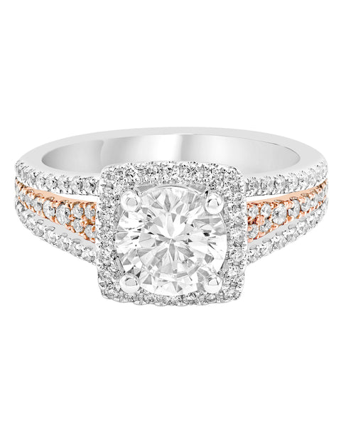 14K White with Rose Gold and Cushion Halo Diamond Engagement Ring