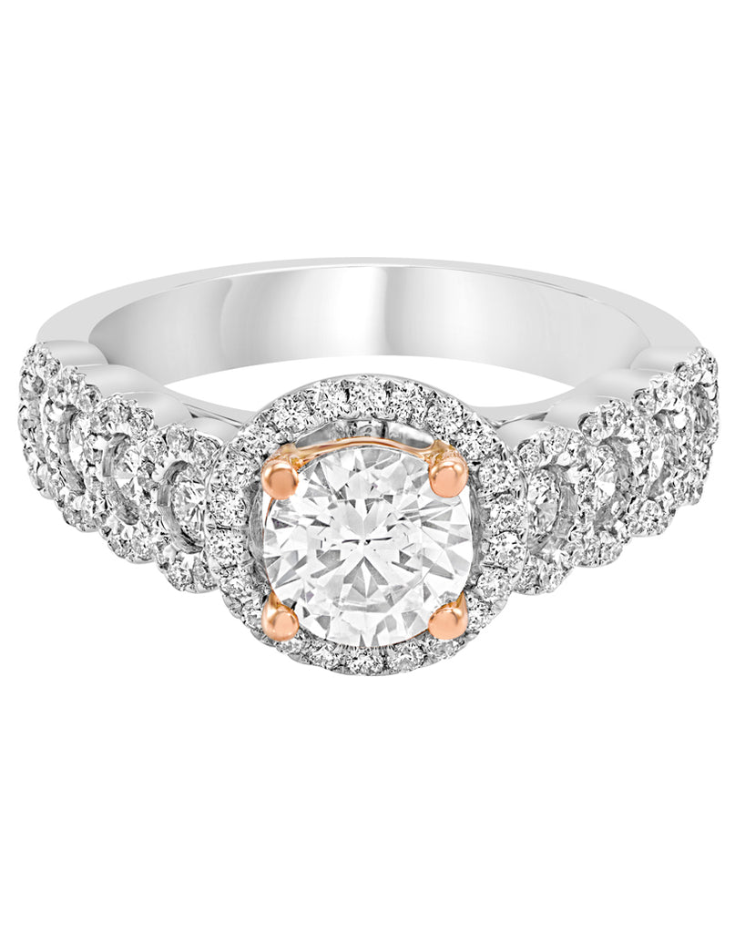 14K White with Rose Gold and Round Halo Diamond Engagement Ring