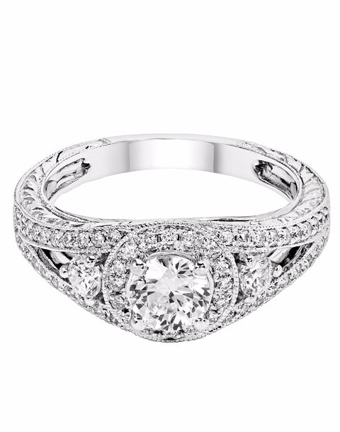 Vintage 3 Stone 14K White Gold and Halo Diamond Tesori Split Shank Engagement Ring