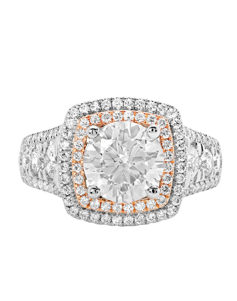 14K White with Rose Gold and Double Halo Diamond Engagement Ring