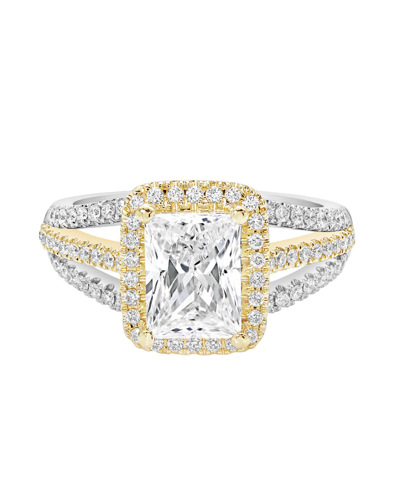 14K White with Yellow Gold and Halo Diamond Split Shank Engagement Ring
