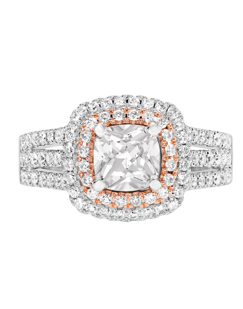 14K White with Rose Gold and Double Halo Diamond Split Shank Engagement Ring