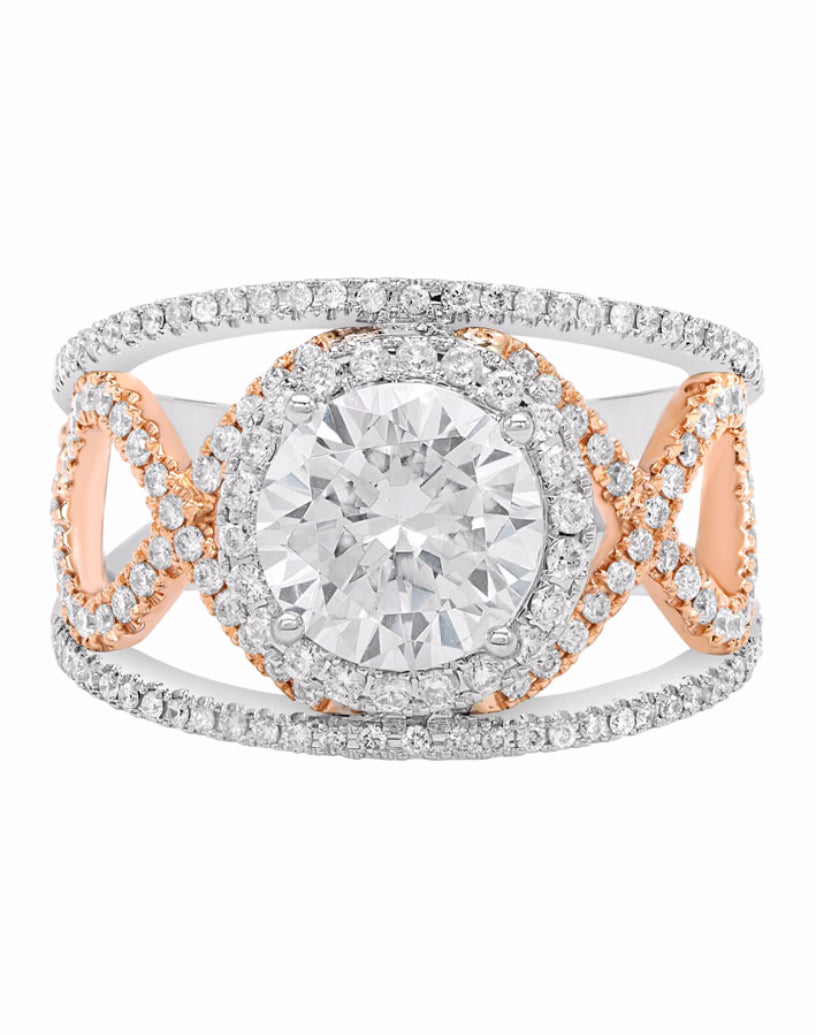 14K White with Rose Gold and Round Halo Diamond Infinity Engagement Ring
