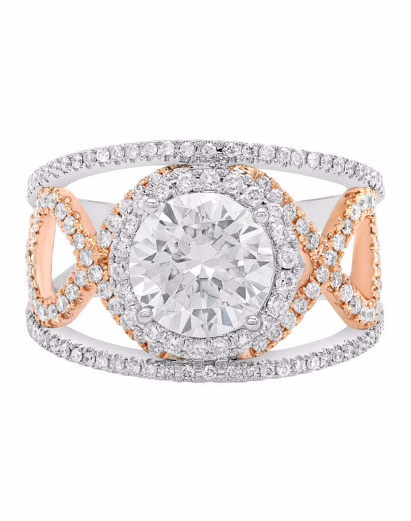 14K White with Rose Gold and Round Halo Diamond Infinity Engagement Ring